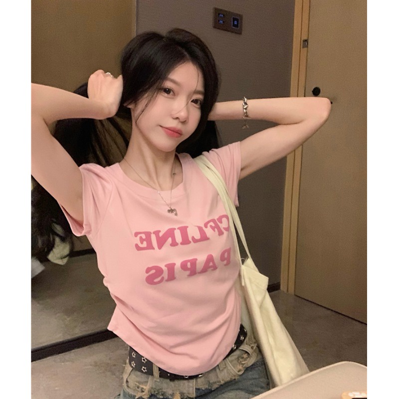 Suhao American style pleated letter print short-sleeve t-shirt women s summer shoulder and waist look thin short hot girl high waist bm top kaos import wanita kaos wanita gaya korea lengan pendek kaos pendek perempuan