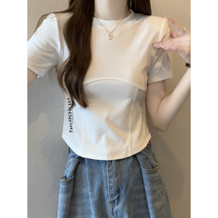 Suhao Small front shoulder T-shirt short-sleeve women s summer 2023 new cotton all-match slim irregular short top kaos import wanita kaos wanita Korean style lengan pendek kaos pendek perempuan