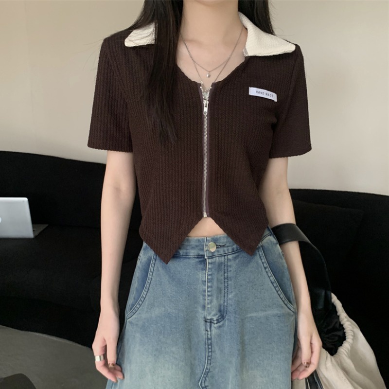 Suhao Irregular French short top women s design sense niche summer new slim Polo collar short-sleeved T-shirt kaos impor wanita kaos wanita gaya korea lengan pendek kaos pendek perempuan