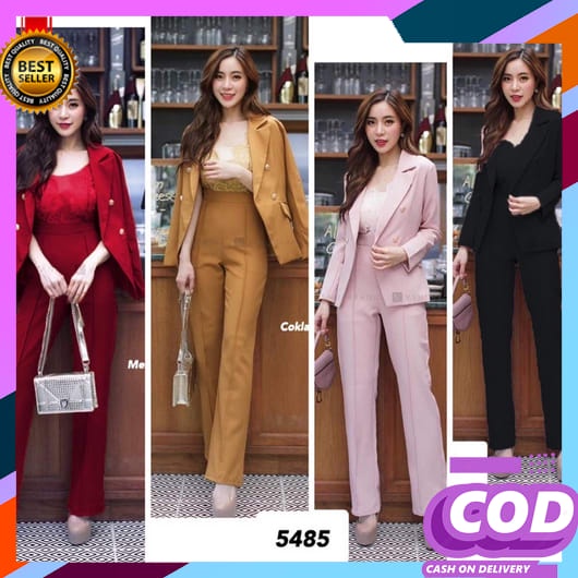 Setelan Blazer Wanita 1 Set Jumbo Import Terbaru Kemeja 2In1 Rompi Atasan Kantoran Lengan Panjang Oo