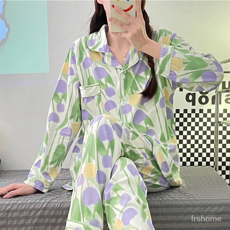 Bunga Ungu di dalam Celana Panjang Lengan Panjang Set Piyama Rasa Premium Wanita Musim Semi Musim Gu