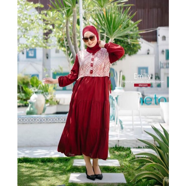 Midi Dress Emily Ghina Fashion - Gamis Midi Long Tunik Daily Cantik Kece Murah Bahan Rayon Premium A