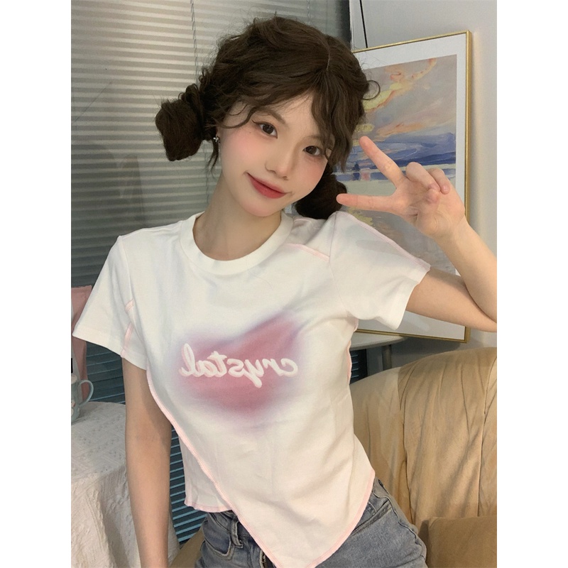 Suhao hot girl front shoulder short-sleeve t-shirt women s summer 2023 new chic irregular slim American sweet and spicy short top kaos import wanita kaos wanita korean style lengan pendek kaos pendek perempuan