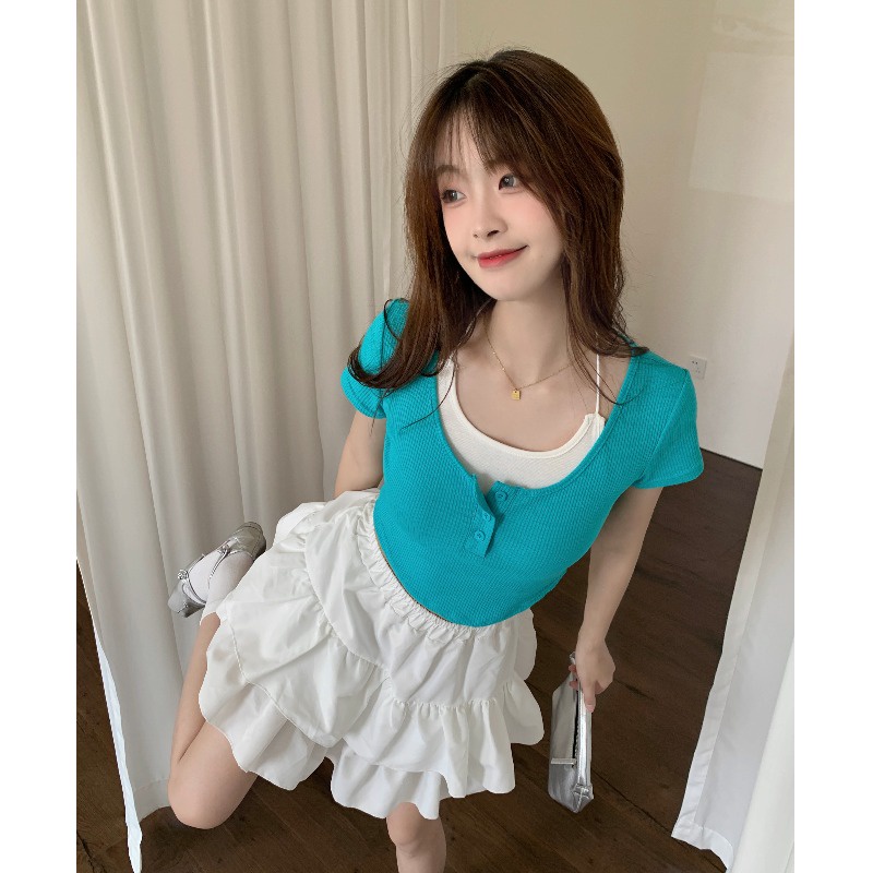 Suhao fake two-piece hanging neck off-shoulder short-shoulder t-shirt summer women s design sense niche sweet hot girl navel short collarbone top kaos import wanita kaos wanita gaya korea lengan pendek kaos pendek perempuan