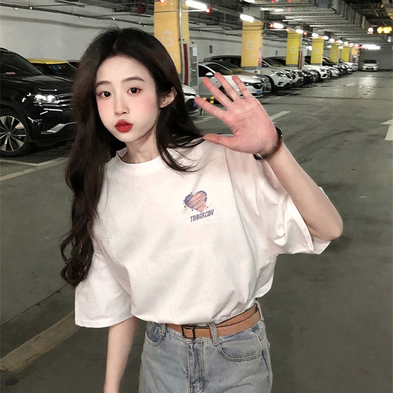 Suhao kapas murni putih depan bahu T-shirt wanita musim panas lengan pendek rasa desain ceruk leher bulat longgar oversize top in pasang kaos impor wanita kaos wanita gaya korea lengan pendek kaos pendek perempuan
