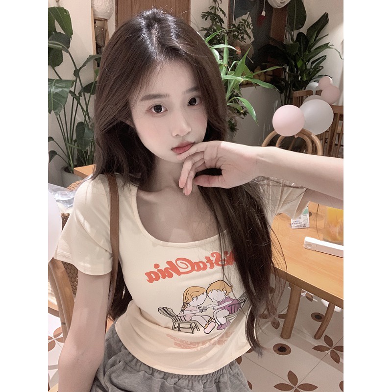 Suhao alpukat hijau kerah persegi dicetak bahu depan lengan pendek T-shirt wanita musim panas rasa desain niche slim slim top top kaos impor wanita kaos wanita gaya korea lengan pendek kaos pendek perempuan