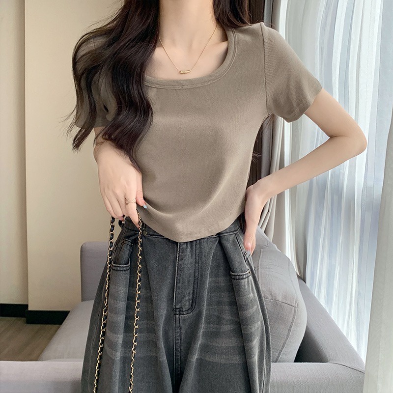 Suhao warna solid French square collar hot girl milk apricot short-sleeve top musim semi dan musim panas pure desire T-shirt female slim bottoming shirt inner wear kaos import wanita kaos wanita gaya korea lengan pendek kaos pendek perempuan