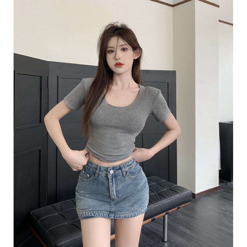 Suhao dopamin gaya manis pink u-neck bahu depan lengan pendek t-shirt wanita musim panas slim fit gaya keinginan murni pendek bottoming top tipis kaos impor wanita kaos wanita gaya korea lengan pendek kaos pendek perempuan