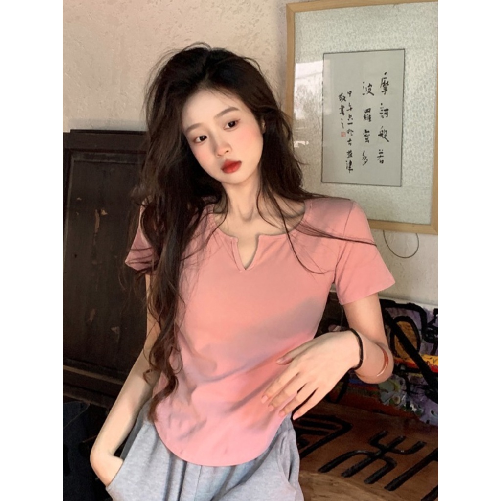 Suhao pink v-neck bahu depan lengan pendek T-shirt wanita musim panas gaya keinginan murni slim fit sexy irregular short sweet spicy top kaos import wanita kaos wanita gaya korea lengan pendek kaos pendek perempuan