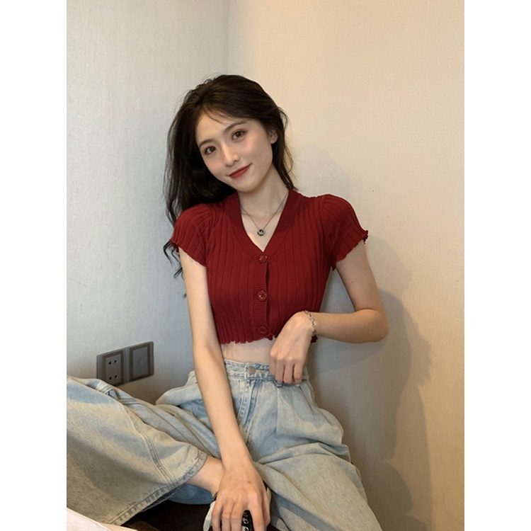 Suhao v-neck knitted cardigan short-sleeved t-shirt women s summer tide short section self-cultivation 2023 new sexy high waist top with navel expose kaos import wanita kaos wanita korean style lengan pendek kaos pendek perempuan