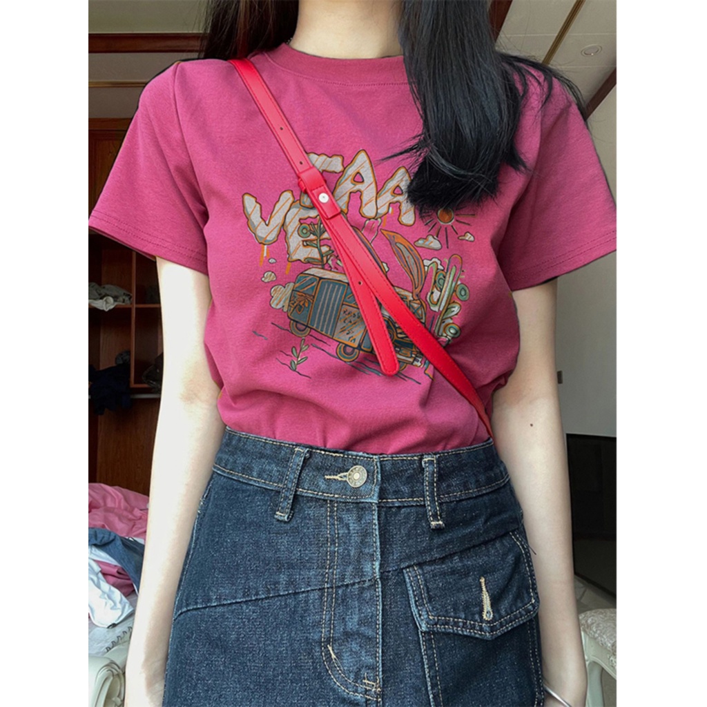 Suhao front shoulder short-sleeve t-shirt women s summer new dopamine wear high-quality kecil slim slim top kaos import wanita kaos wanita gaya korea lengan pendek kaos pendek perempuan