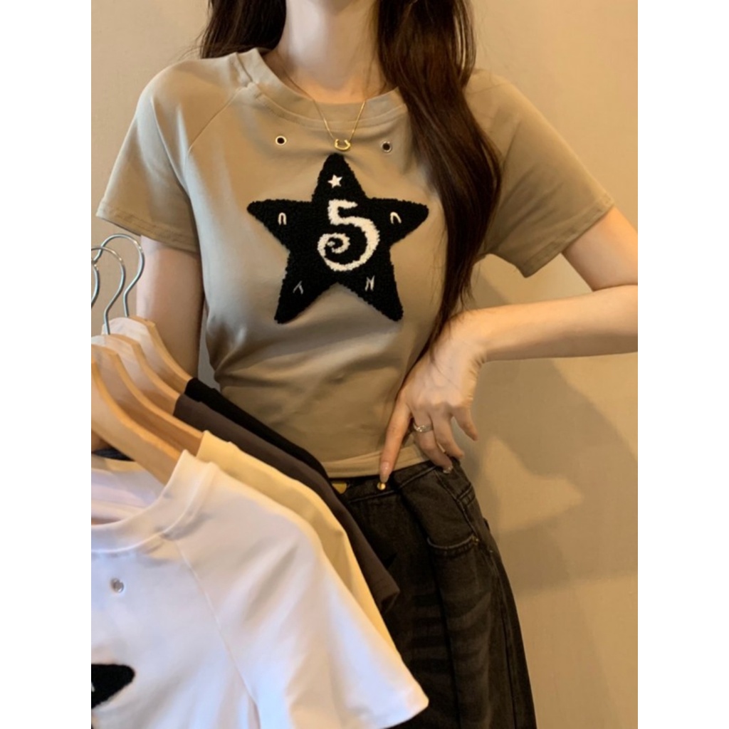 Suhao American Retro Bahu Depan Coklat Lengan Pendek T-shirt Wanita Musim Panas Desain Rasa Niche Chic Slim Fit Ketat Atasan Pendek Kaos Import Wanita Kaos Wanita Gaya Korea Lengan Pendek Kaos Pendek Perempuan