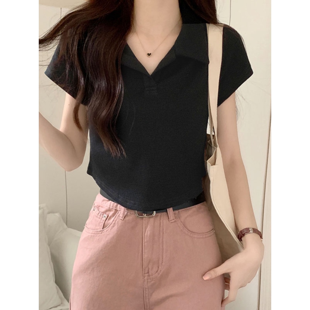 Suhao Pink Polo Kerah Bahu Depan Lengan Pendek T-shirt Wanita Musim Panas Gaya Keinginan Murni Manis dan Pedas Slim Pinggang Tinggi Pendek Atasan Pendek Kaos Import Wanita Kaos Wanita Gaya Korea Lengan Pendek Kaos Pendek Perempuan