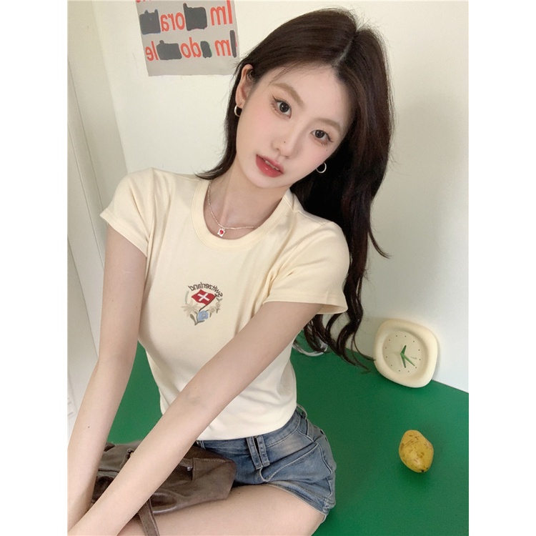 ✁✠✸Suhao kaos import wanita kaos wanita gaya korea lengan pendek kaos pendek perempuan American retro sweet hot girl short front shoulder short-sleeved t-shirt women s summer self-budidaya design sense printed navel bm top