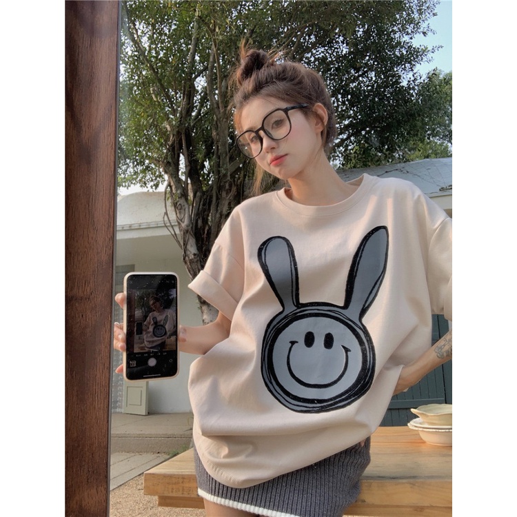 ☫☂♣Suhao kaos import wanita kaos wanita gaya korea lengan pendek kaos pendek perempuan cartoon rabbit print white short-sleeved t-shirt women summer casual loose bf lazy wind mid-length half-sleeved top