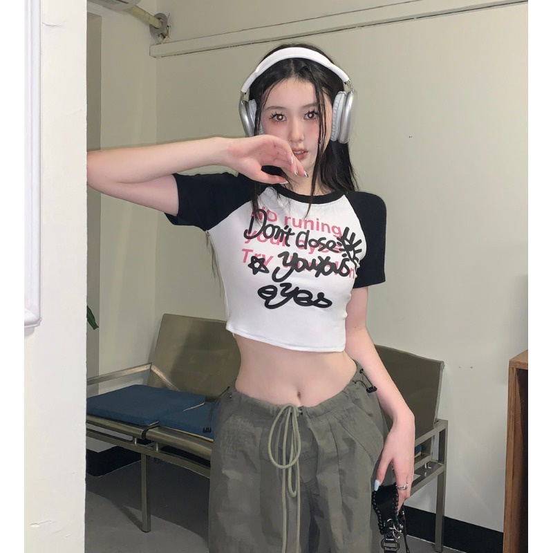✖✗Suhao kaos import wanita kaos wanita gaya korea lengan pendek kaos pendek perempuan American retro raglan bahu lengan pendek t-shirt wanita musim panas ketat slim high-waist hot girl short navel bm front shoulder top