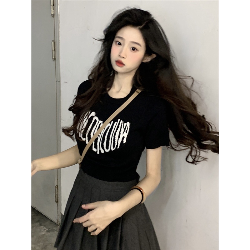 ۞❍◐Suhao kaos import wanita kaos wanita gaya korea lengan pendek kaos pendek perempuan love letter printing hot girl knitted short-sleeved women s summer small black t-shirt short high waist tight top