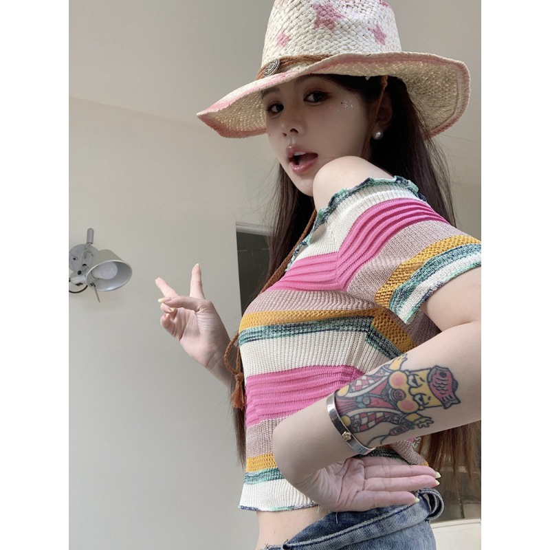 ►✹◘Suhao kaos import wanita kaos wanita korean style lengan pendek kaos pendek perempuan dopamine wear sweet style T-shirt new rainbow striped knitted short-sleeve women s sweet and spicy one-shoulder top short section