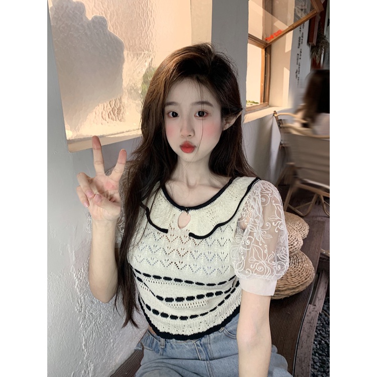 □Suhao kaos import wanita kaos wanita gaya korea lengan pendek kaos pendek perempuan gaya Perancis kecil wangi rajutan lengan pendek t-shirt wanita desain musim panas akal ceruk chic bahu depan puff lengan pendek