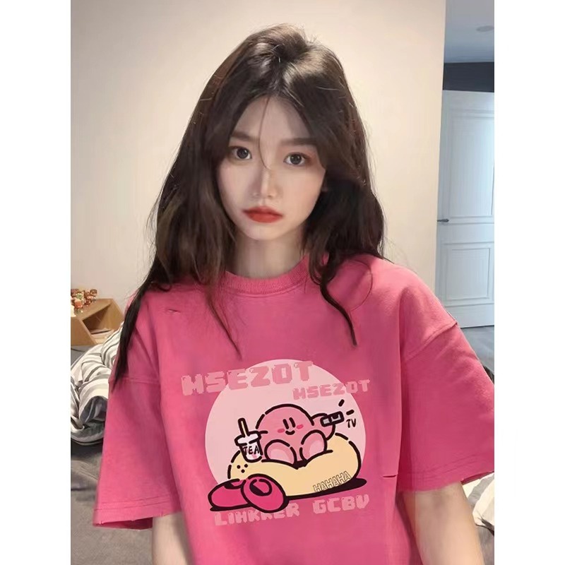 ❏✸Suhao kaos import wanita kaos wanita gaya korea lengan pendek kaos pendek perempuan bahu depan merah lengan pendek t-shirt wanita musim panas longgar oversize design sense niche milk soft girl top T-shirt