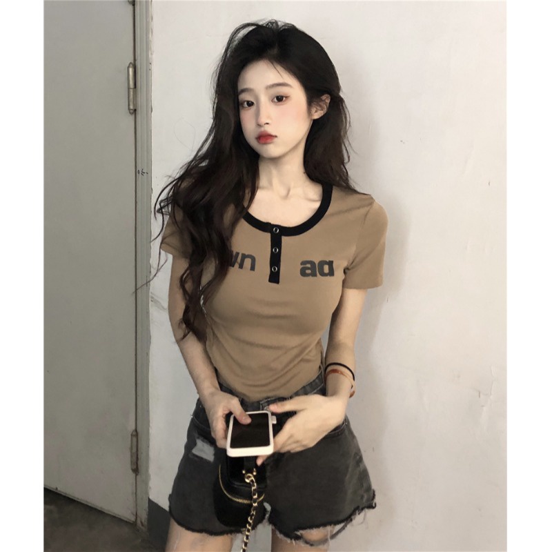 ▼♦✔Suhao kaos import wanita kaos wanita gaya korea lengan pendek kaos pendek perempuan pure desire style V-neck drawstring irregular front shoulder short-sleeve T-shirt women s summer sweet and spicy slim-fit short high-waist T-shirt top