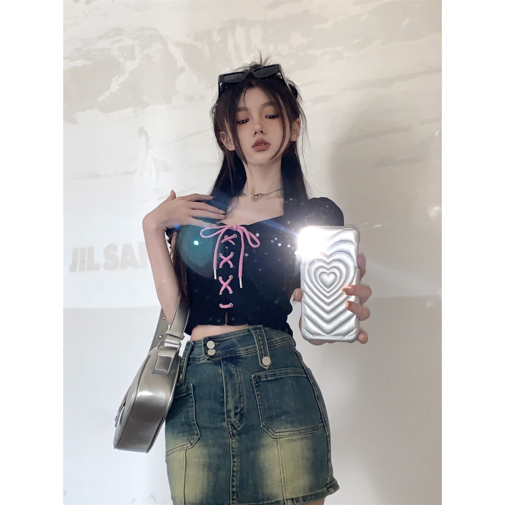 ☑✲▫Suhao kaos import wanita kaos wanita gaya korea lengan pendek kaos pendek perempuan Chic short sweet and spicy top design sense niche female summer drawstring strap hot girl style front shoulder short-sleeved T-shirt