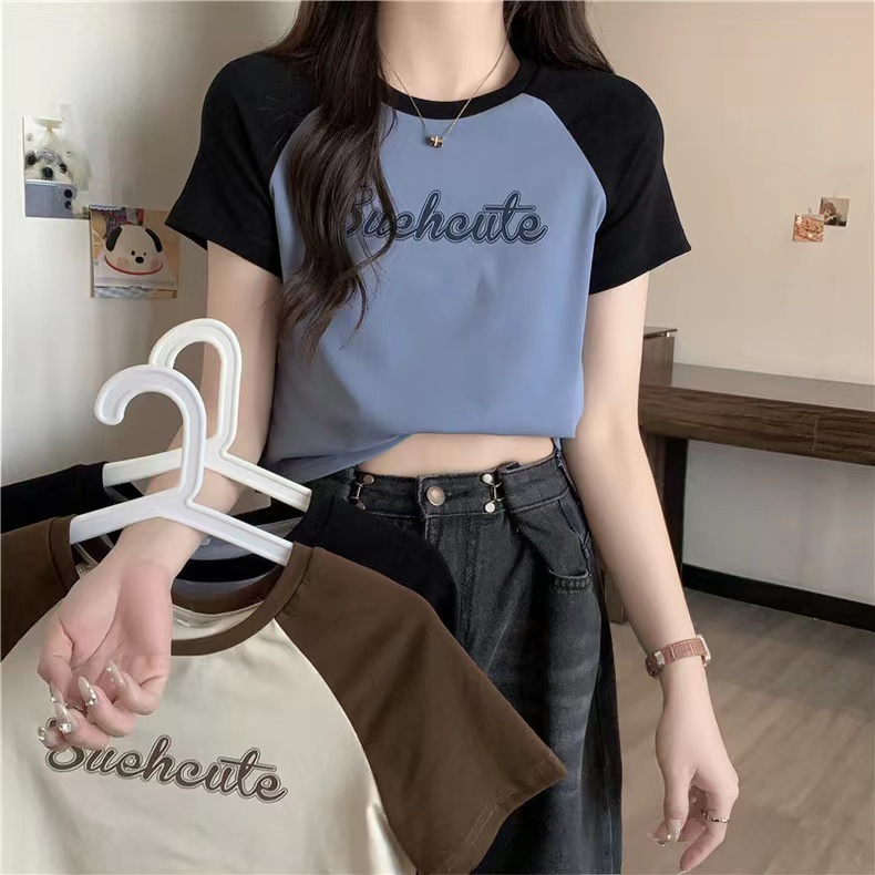 ✐Suhao kaos import wanita kaos wanita gaya korea lengan pendek kaos pendek perempuan American style retro contrast color raglan letter print front shoulder t-shirt short-sleeved women s summer short short cotton top