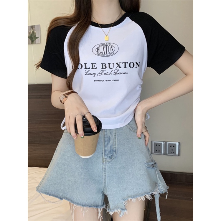 ❈¤Suhao kaos import wanita kaos wanita gaya korea lengan pendek kaos pendek perempuan American style retro contrast color raglan shoulder short-sleeve t-shirt women s summer drawstring design slim fit and thin short hot girl top