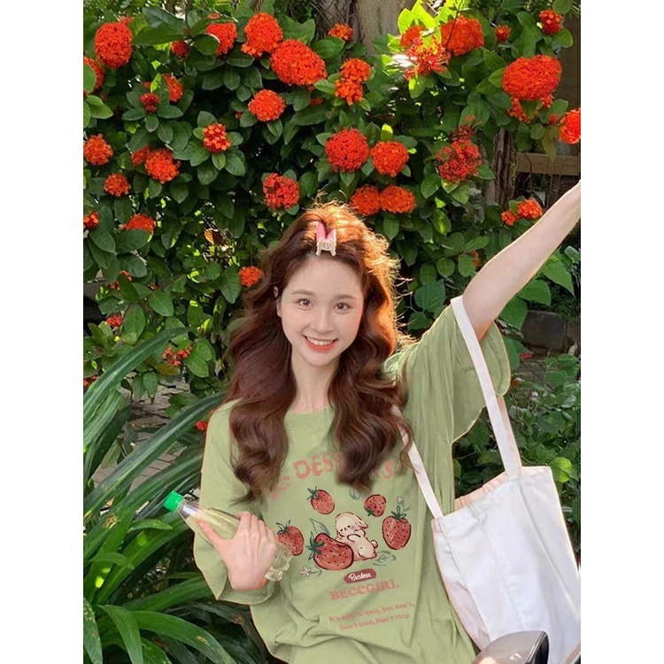 ◇✴Suhao kaos import wanita kaos wanita gaya korea lengan pendek kaos pendek perempuan 2023 baru gaya Amerika retro hijau kecil segar t-shirt lengan pendek wanita musim panas kapas desain rasa kartun setengah lengan atas