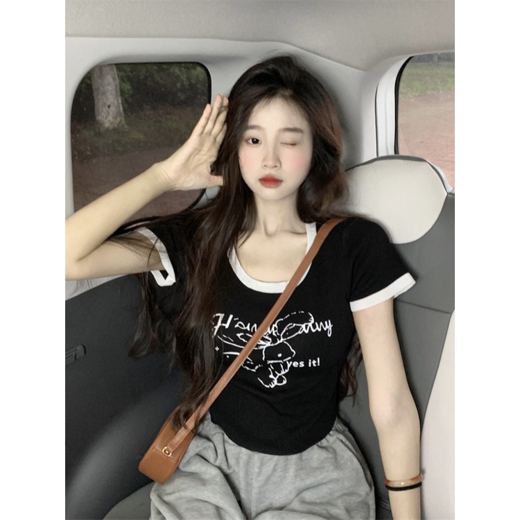 ✥Suhao kaos import wanita kaos wanita gaya korea lengan pendek kaos pendek perempuan Contrast color printing hot girl tight shoulder short sleeve knit t-shirt women s summer slim and thin short American bm top