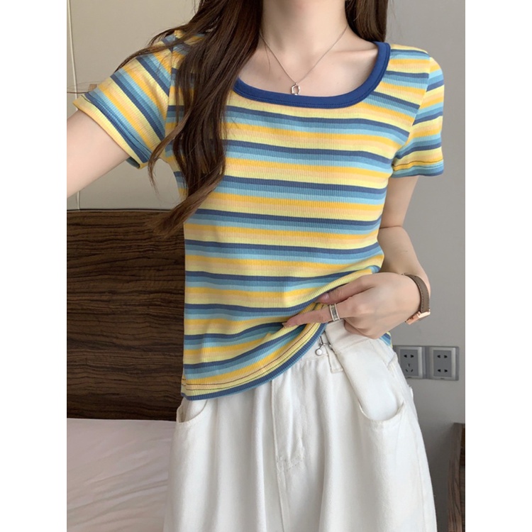 ℡₪✇Suhao kaos import wanita kaos wanita gaya korea lengan pendek kaos pendek perempuan Summer design sense is unique and unique chic niche non-collision top super nice striped square collar front shoulder short sleeve t-shirt for women