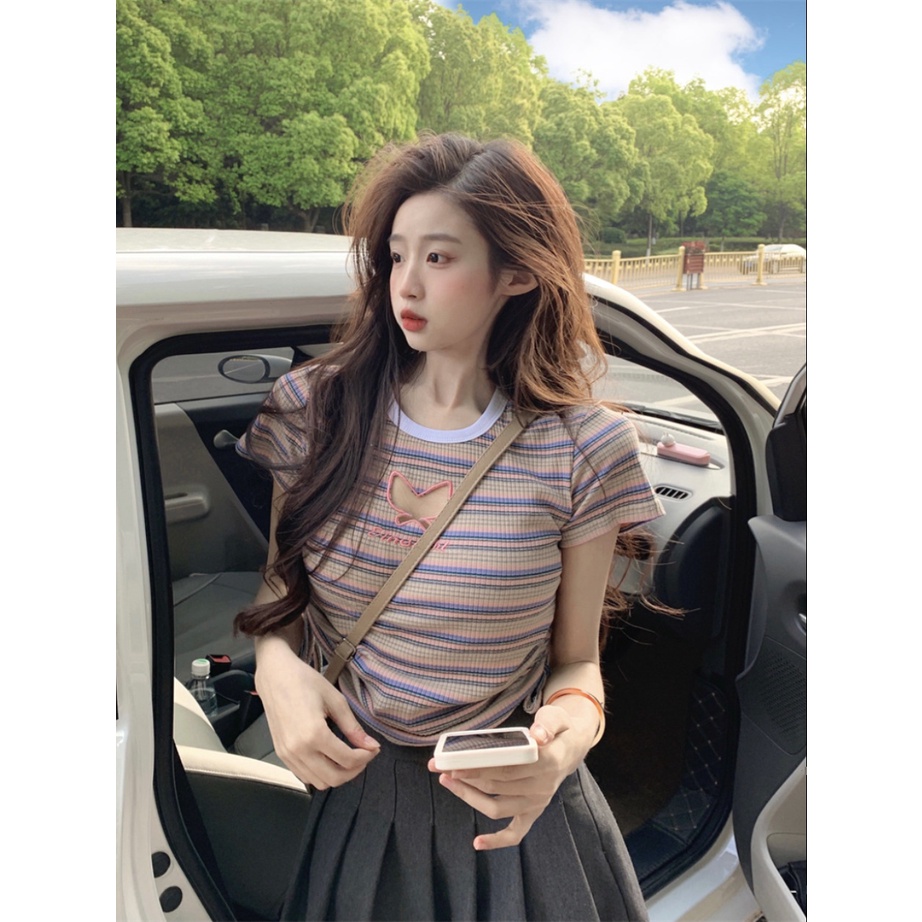 ◆Suhao kaos import wanita kaos wanita gaya korea lengan pendek kaos pendek perempuan color striped front shoulder short-sleeved t-shirt women s summer niche hollow butterfly embroidery drawstring high waist hot girl short top