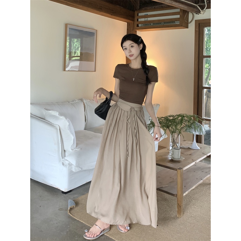 ﹍❀Suhao kaos import wanita kaos wanita gaya korea lengan pendek kaos pendek perempuan lengan pendek bahu depan T-shirt design open back drawstring strap hollow short top women s summer high-end sense with skirt