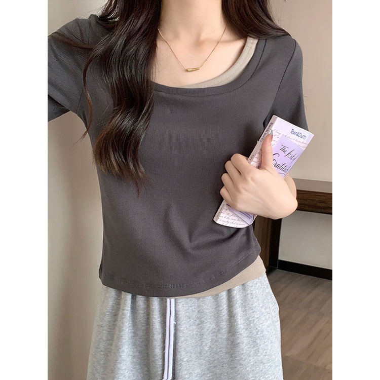 ✆✥Suhao kaos import wanita kaos wanita gaya korea lengan pendek kaos pendek perempuan jahitan warna kontras bahu depan lengan pendek t-shirt wanita musim panas chic palsu dua potong desain ceruk slim fit pendek in top