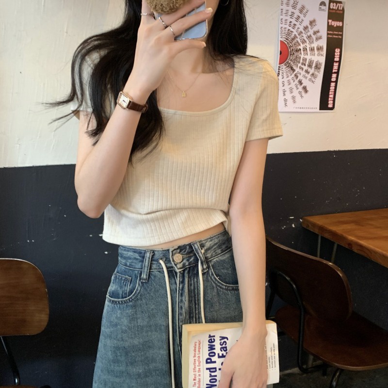 ▥❦Suhao kaos import wanita kaos wanita gaya korea lengan pendek kaos pendek perempuan aprikot ice silk square collar knitted shoulder short-sleeved T-shirt women s summer small man age-reducing collarbone t-shirt hot girl short top