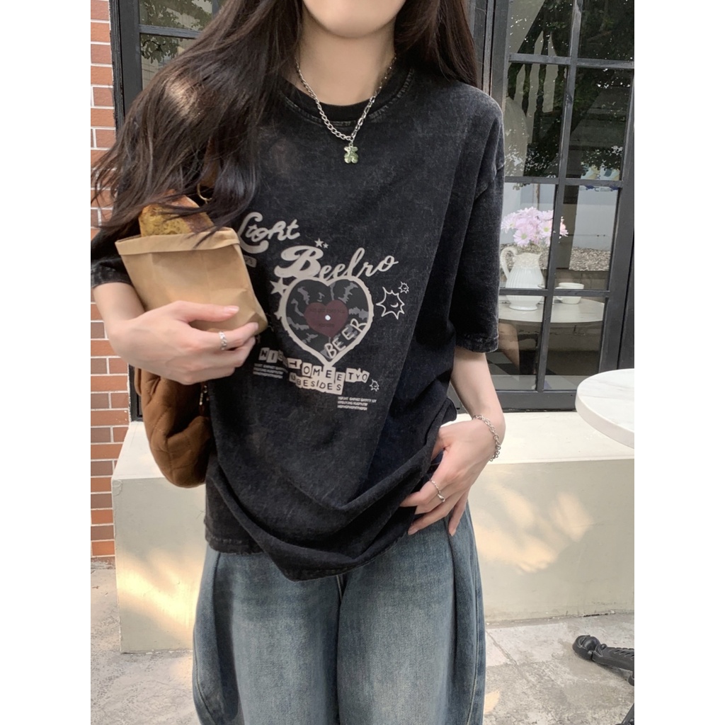 ┇❀Suhao kaos import wanita kaos wanita gaya korea lengan pendek kaos pendek perempuan retro dicuci tua hitam lengan pendek T-shirt wanita musim panas rasa desain baru katun ceruk Atasan bahu depan gaya Amerika