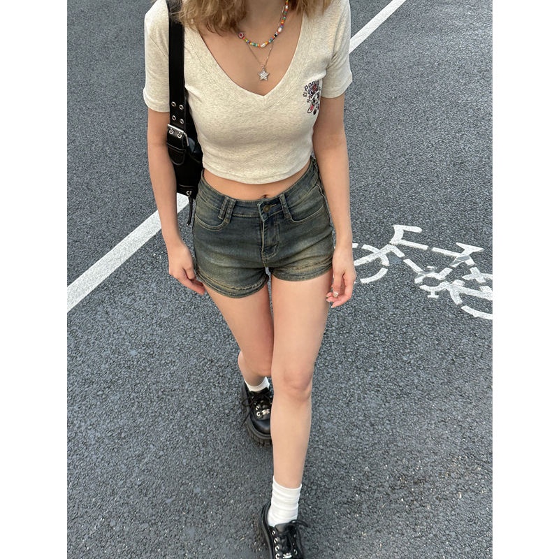 Red Amerika Keinginan Murni Gaya V-Leher Lengan Pendek T-shirt Wanita Musim Panas Baru Slim Slim Lucu Dicetak Gadis Panas Pendek top Tide