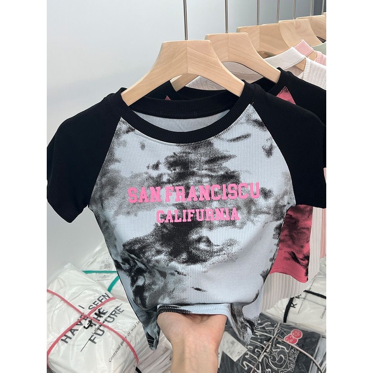 Red Gaya Amerika yang unik retro gaya Hong Kong chic manis gadis panas pendek dasi-pewarna top rasa desain ceruk lengan pendek t-shirt wanita musim panas