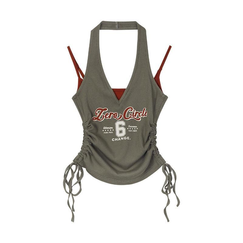 Red Fashion All-Match Kontras Warna Palsu Dua Potong Keinginan Murni Menggantung Leher Rompi Wanita Amerika Hot Gadis Cetak Tali Slim atasan Pendek