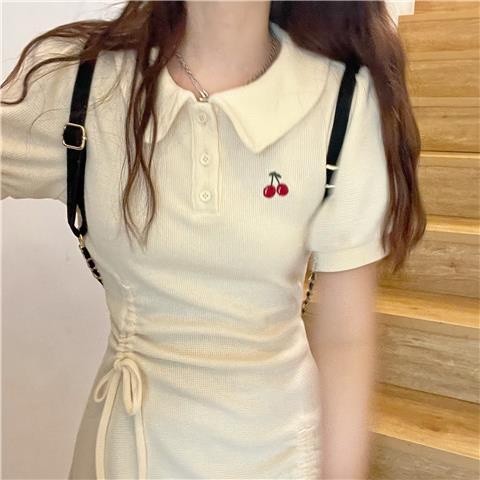 Red Cherry POLO lapel dress summer college milk sweet hot girl drawstring lipit waist small first love skirt