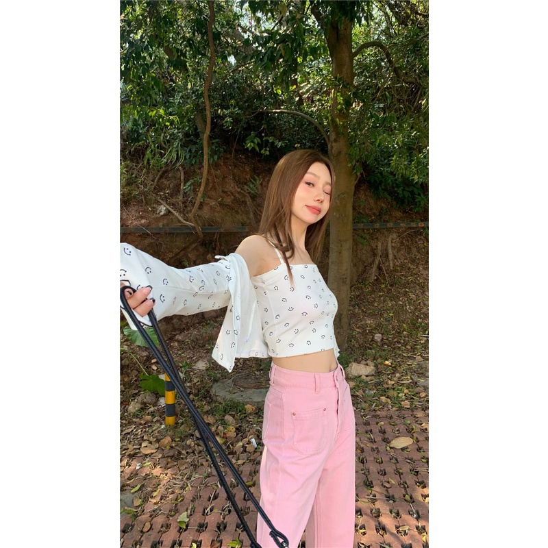 08#Tembakan Nyata Hemat Biaya Kardigan Lengan Panjang Motif Wajah Tersenyum PutihTT-shirt+Ta00