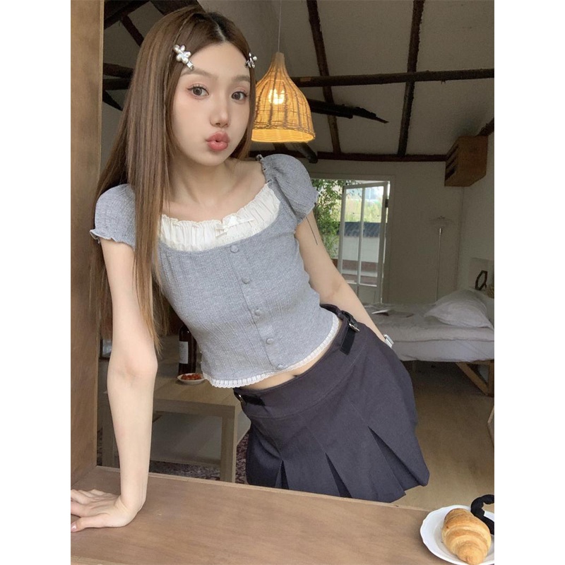 08#Tembakan Nyata Hemat Biaya miuRenda Gadis Ruffle Lengan PendekTT-shirt