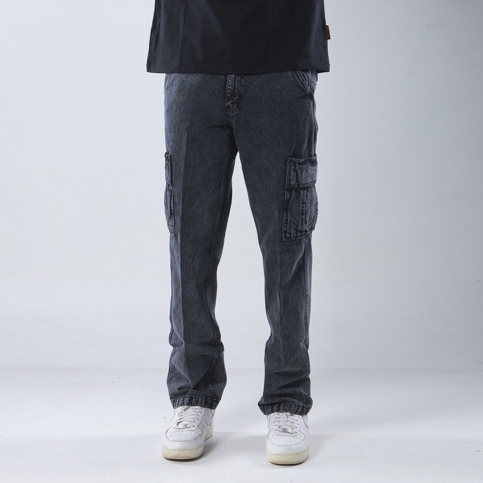 CHEKOUT Superego Celana Cargo Pants Pria Jeans Reguler Loose fit Standard Denim Washed Snow Black SC