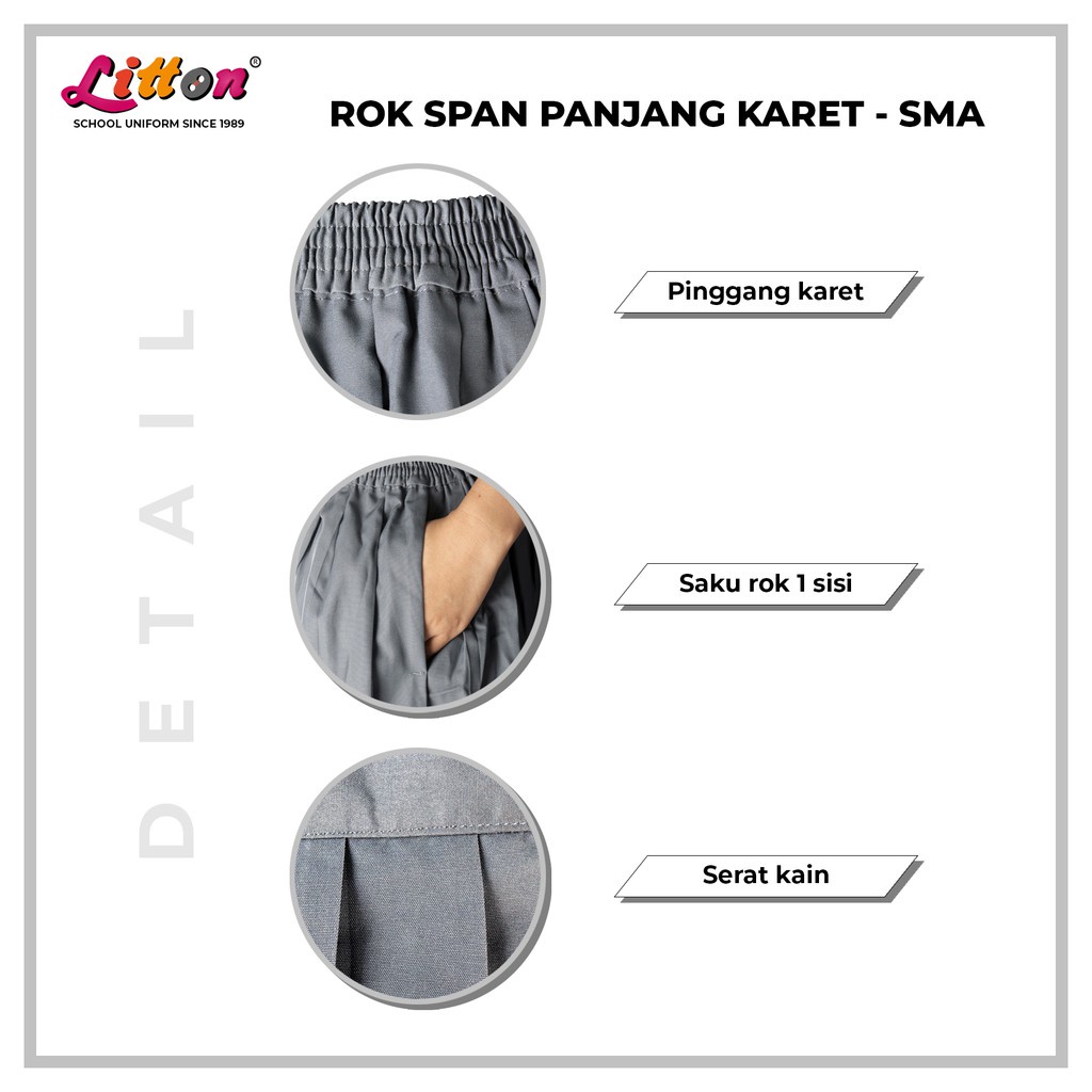 LITTON Rok Sekolah SMA abu abu Span Panjang Pinggang Karet JUMBO / Seragam Sekolah SMA