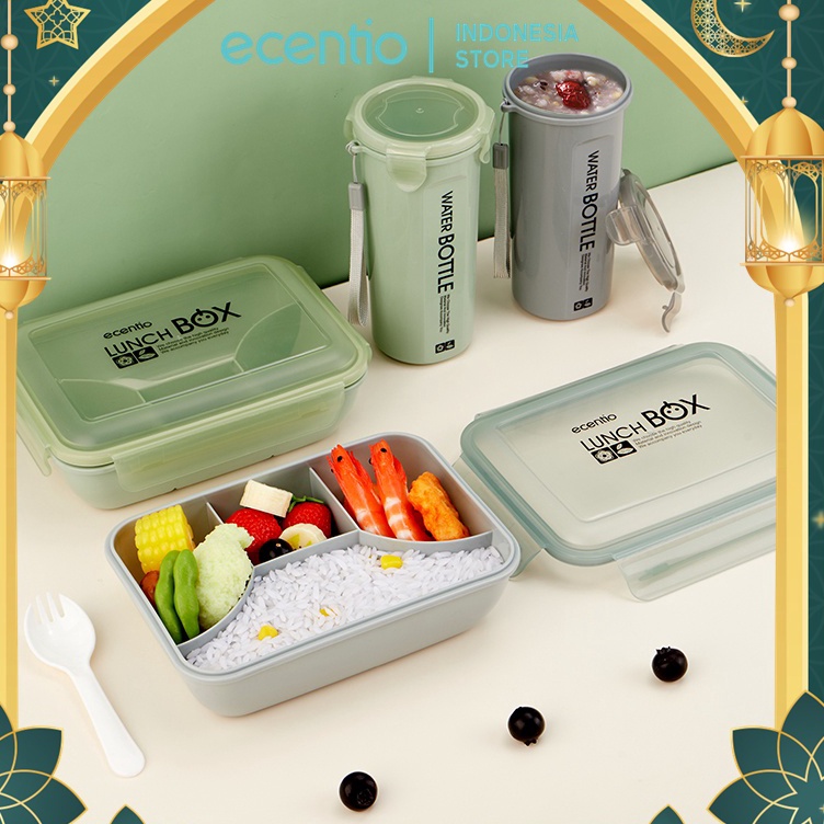 ecentio 2pcs kotak makan botol set tempat makan portable dan botol minum anti-bocor lunch box tempat
