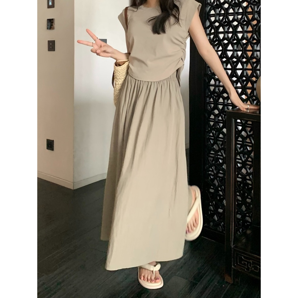 Musim Panas Baru Tinggi Pinggang Pinggang Elastis Pertengahan Panjang Rok