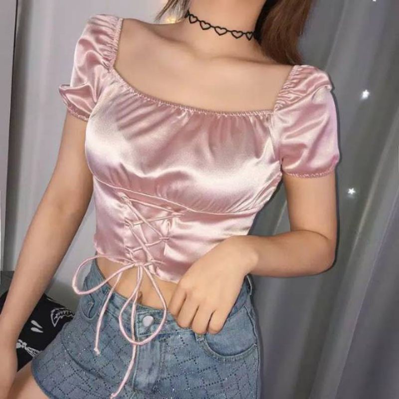 Atasan Wanita Blouse Top Vintage Sabrina Crop lengan pendek bahan satin