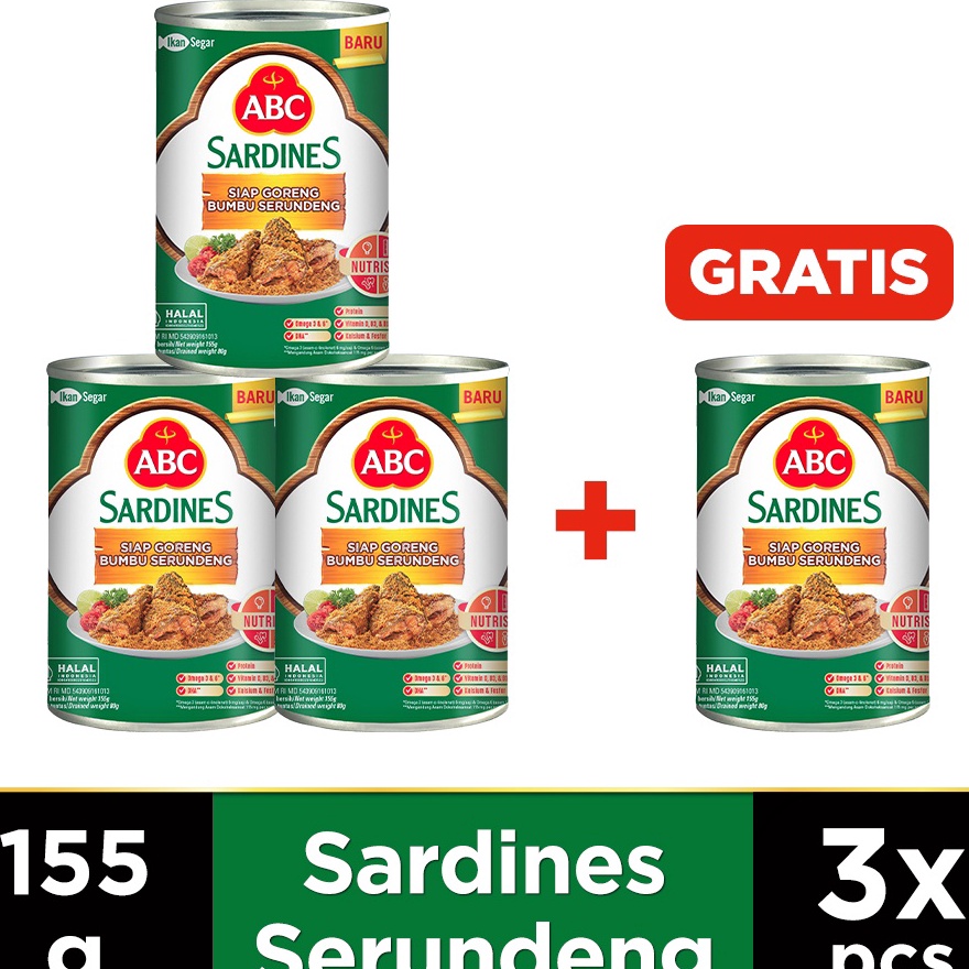 

Limited ✔️⭐ ABC Sarden Siap Goreng Bumbu Serundeng 155 g - Buy 3 Get 1 Free
