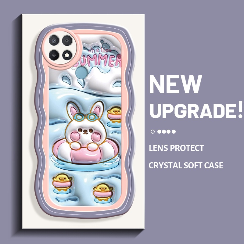 Casing Ponsel untuk OPPO A15 A15s A35 4G Case pola berenang 3D kelinci krim kreatif HP pinggiran gelombang casing ponsel penutup pelindung ponsel softcase kamera silikon tahan guncangan lembut kesing