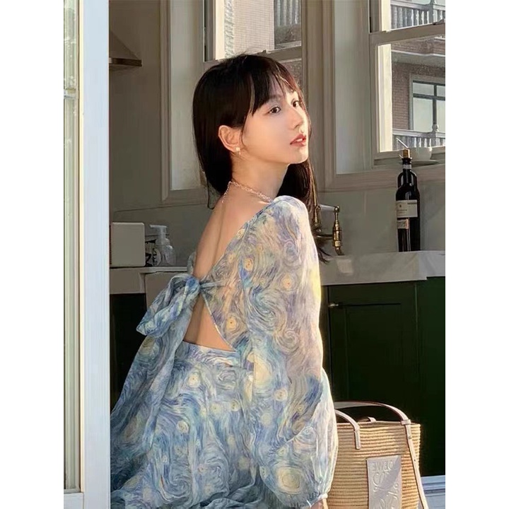 Red Tea break French blue floral dress wanita musim semi dan musim panas high-end ceruk desain rok lengan gelembung berbintang pinggang